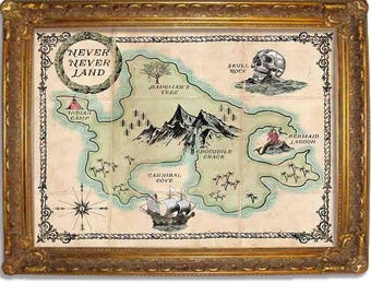 Peter Pan - Never Never Land Map - Vintage Poster - Disney Inspired - Available in Multiple Sizes 5x7 up to 24x36