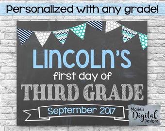 PRINTABLE - Personalized First And / Or Last Day Of School Chalkboard Photoprop Sign / Blue Gray Grey / Kindergarten Daycare Boy JPEG file