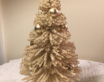 Vintage bottle brush tree - Ivory christmas tree - Mid Century Bottle brush Tree - Kitschy Christmas - Glitter tree - mercury ornaments