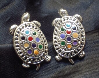 90's Vintage Large COLOURFUL Enamel Silver TURTLE EARRINGS 3cm pierced - 90s Native American Jewellery - Fun Tortoise Jewelry - Gift For Her