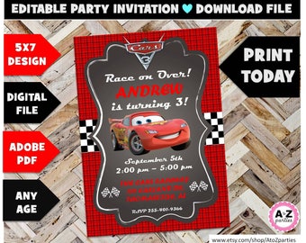 Cars 3 Editable Birthday Invitation, Lightning McQueen, Cars, Mator, Radiator Springs, Cars Birthday, 5x7 design, edit now, print to