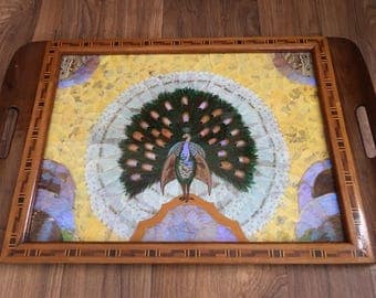 Hardwood marquetry tray with butterfly and moth wing inlaid decoration