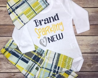 Brand Sparkling New Outfit Plaid Baby Boy Coming Home OUTFIT, Baby Boy Newborn Personalized Baby Gift, Baby Boy Clothes Monogram Clothes