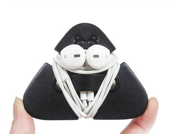 Earbuds Case, Leather Cord Keeper, Cable Organizer, Leather Cable Holder, iPhone Cord Wrap, Travel Cord Organizer, Black Cable Tie, Triangle