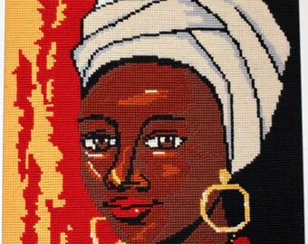 Smiling African Goddess Framed Fiber Art 21"X15"