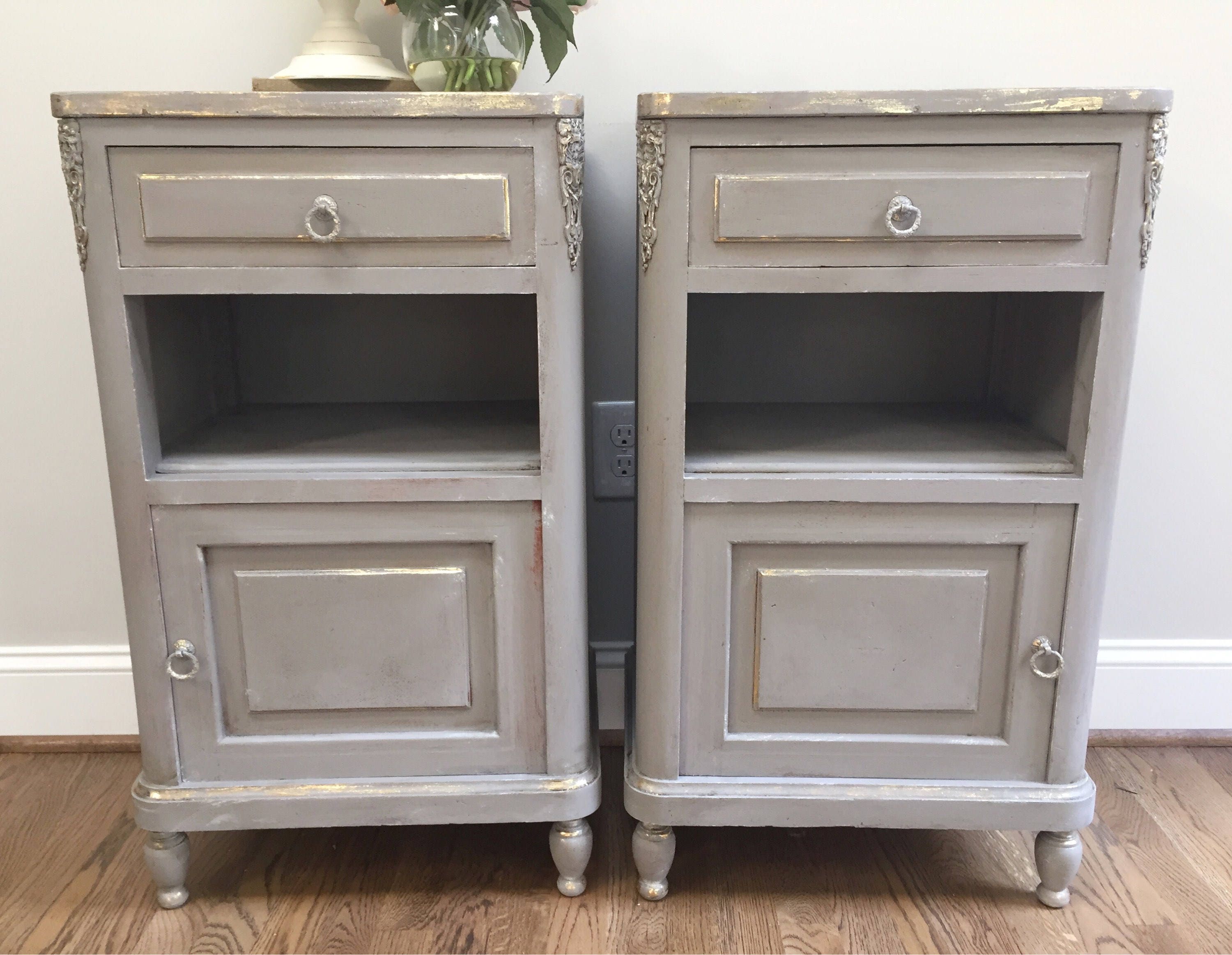 Antique Pair of Hand Painted French Nightstands Tables