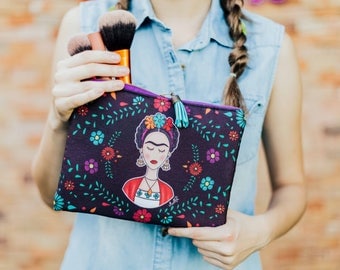 Frida Kahlo Cosmetic Bag with flowers.
