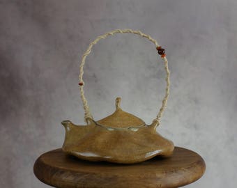 Ceramic Teapot with Rope&Beads Handle, Handmade Ceramic Tea Pot