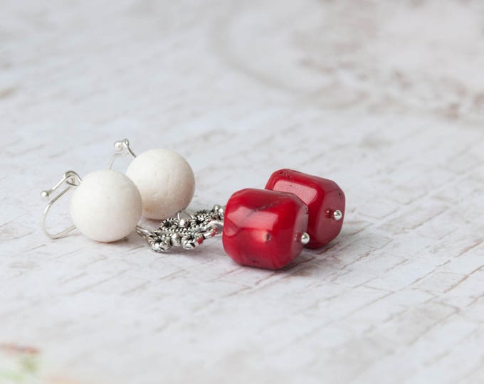 Red coral earrings, White coral earrings, Cube earrings, Cube dangle earrings, Coral dangle earrings, Earrings coral