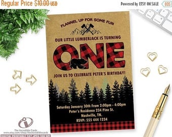 50% OFF SALE LUMBERJACK Invitation, Lumberjack First Birthday Invitation, Lumber Jack, Forest, Wood, Plaid, Wilderness, First Birthday, Digi