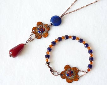 Womens Jewelry Sets, Beaded Bracelet, Flower Pendant Necklace, Bohemian Jewelry, Boho Jewelry, Enamel Copper, Handmade, Wifes Gift