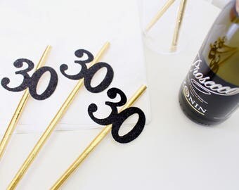 30th Birthday Party Straws - 40th Birthday Party Straws -50th Birthday Party Straws -30th Birthday for her -Black and Gold Party - SET of 10