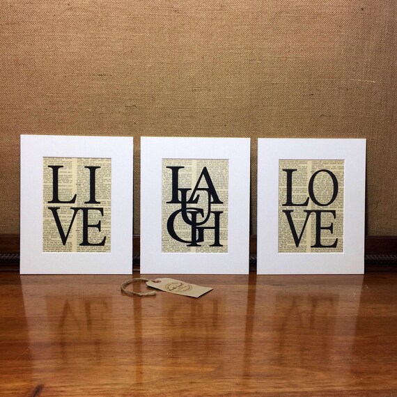 LIVE LAUGH LOVE Dictionary Print Set / Set of 3 Mounted Word Art Prints / 10x12 Inspirational Words Typography Set / Love Quote / Life Quote