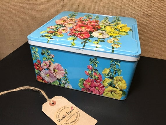Vintage Blue Collectable Biscuit Tin | Old English Tin with Hollyhocks| 1950s 60s Collectible Retro Container | Square Metal Biscuit Tin