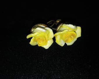 Vintage Screw Back Bone China Rose Earrings