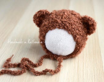 Loopy Hat with Ears, Newborn Bear Hat, Bear Bonnet Photo Prop
