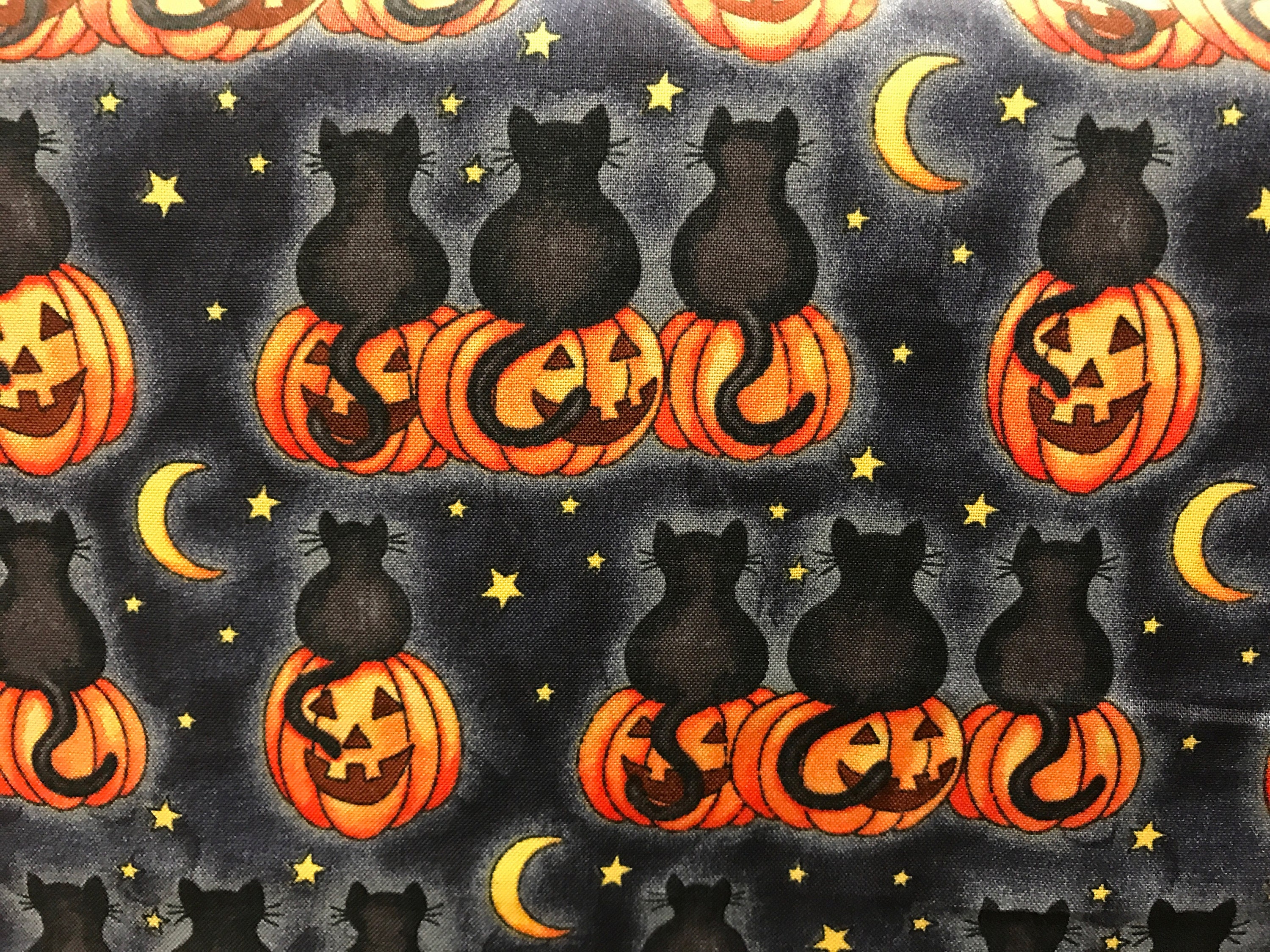 Black cat sitting on pumpkin Halloween fabric, cat fabric, pumpkin ...