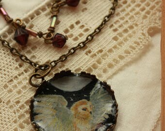 barn owl pendant owl necklace hand drawn pendant watercolor jewelry double necklace barn owl jewelry bird lover gift full moon necklace bird