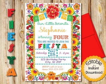 Fourth Birthday Invitation, Mexican Fiesta Flowers, INSTANT download, EDITABLE in Adobe Reader, DIY, Printable, 5"x7" each