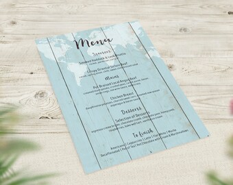 Blue Wedding Menus, Travel Theme Menu, World Map Menu, Rustic Wedding Decor, Boho Menu, Vintage Wedding Stationery, Destination Wedding Menu