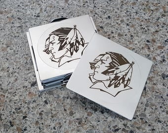 UND Fighting Sioux Laser Etched Stainless Steel Square Coasters - Set of 6 - FREE SHIPPING