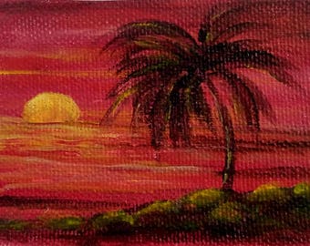 ACEO Original acrylic painting teens gift for boyfriend abstract painting Artist Trading Card Sunset painting fine art sky art painting