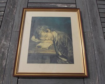 framework with gilding of the 1970s with reproduction of "L'enfant asleep on his livre" of Jean Baptiste Greuze - framing with gold "