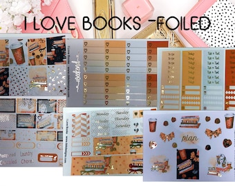 I Love Books Foiled//6 Sheet Weekly Kit//Erin Condren//Happy Planner//Foiled Sticker Kits