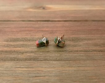 Unakite Wrapped Stud Earrings ~ 14K Gold Fill ~ Unakite Studs ~ Mismatched Studs ~ Minimalist Earrings ~ Minimalist Jewelry ~ Green & Pink