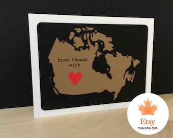 From Canada with Love Card, Handmade Black and Kraft Paper Canada Card, Papercut Canada Map Card, Red Heart Card, Carte Canada coeur rouge