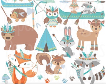 Tribal Animals Clipart-Woodland Animals Camping Clip Art-Cute Tribal Forest Animals-Fox-Bear-Rabbit-Racoon-Owl-Deer-Canoe-Arrows-Feathers