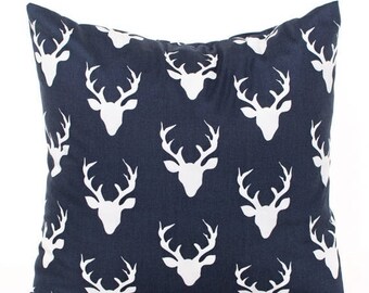 SALE ENDS SOON Deer Throw Pillow Cover, Navy Blue, Boys Room Decor, Soft Pillows, Dorm Room Pillows, Woodland Pillow
