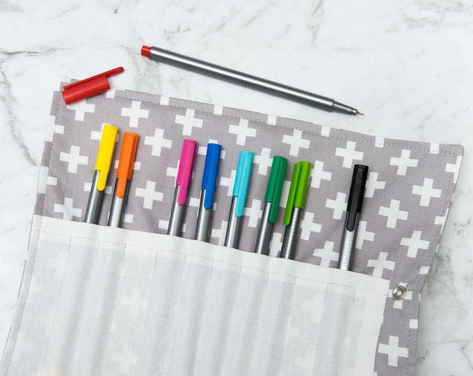 Grey Cross Pen Roll - pencil roll - roll up pencil case - pencilcase - makeup brush roll - paint brush roll - school supplies