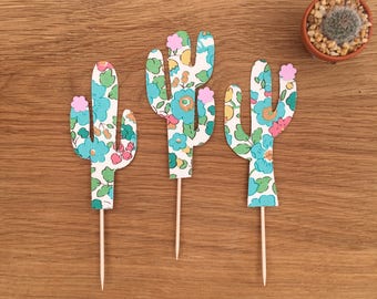 3x Mini Liberty print cactus cake toppers/ cake decorations / cactus decoration /party supplies