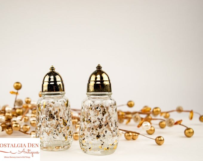 Vintage Salt & Pepper Shakers | MCM Hazel Atlas Glass Gold / White Splatter Print