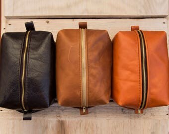 Barbesco Personalized Handmade Dark Tan / Old English Brown Italian / Gloss Orange Tan Leather Toiletry bag Dopp Kit Metal zipper Wash Bag