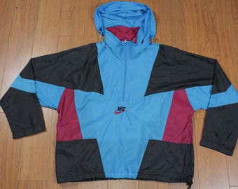 Vintage Nike Windbreaker Packable Hood Jacket 1/4 Zip Mens Large Grey Tag 90s Multi Color