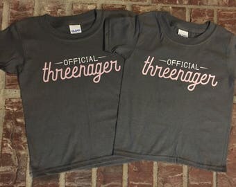 THREENAGER official three year old teenager 3 year old birthday shirt