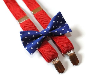 polka dot bow tie & red suspenders navy boys bow tie/for boys/suspenders newborn bow tie toddler bow tie father and son matching/baby boy