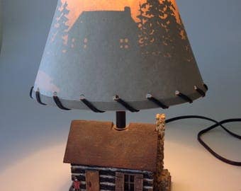 Rustic Log Cabin Lamp | Ceramic log cabin lamp, Silhouette Cabin scene, Custom Shade, Vintage Cabin Lamp, Gift for Dad, Father's Day gift