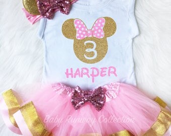 Minnie Mouse Birthday Outfit, 3rd Birthday Shirt, Pink Gold Minnie Third Birthday, Minnie 3 Birthday, Personalized Minnie Birthday