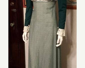 GOODBYE SUMMER SALE Vintage 1970's Gunne Sax Prairie Dress in Green Gingham Calico and Lace: Very Early, Rare Label! Boho