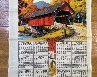 Vintage 1988 Calendar Tea towel, Covered bridge in Autumn