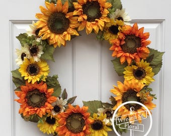 Fall Wreath, Autumn Wreath, Sunflower Wreath, Yellow Orange Wreath, Front Door Wreath, Wreath Street Floral, Grapevine Wreath, Door Wreath