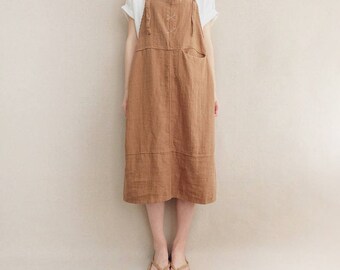 Women Comfortable Strap Dress Cotton Casual Linen Dress Vest Dress Leisure Overalls