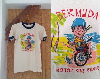 Tshirt 80s Bermuda Retro Shirt, Vintage Travel Graphic Tee Screen Print Motocycle Slogan 1980s, White Small Medium Ringer Tee