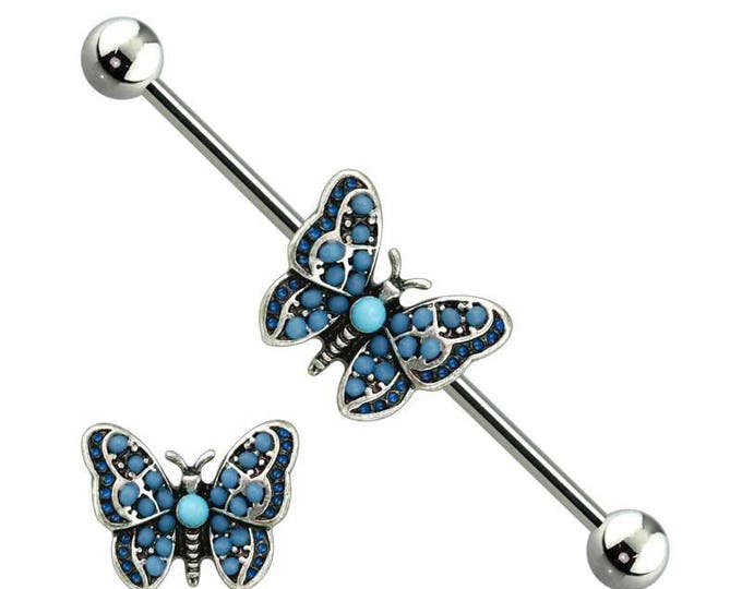 Multi Blue Bead Antique Silver Butterfly 316L Surgical Steel Industrial Barbell