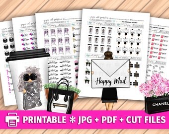 GLAM ESSENTIALS SET 1 Functional Deco Printable Planner Stickers/for use with Erin Condren/Weekly Kit Cutfiles Fashion Coffee Happy Mail