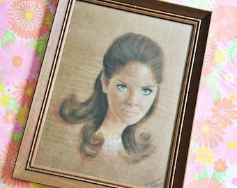 Vintage 1960s Original Portrait Painting, 1960s Mod Girl Painting, Vintage Lady Painting, Framed Original Portrait Painting