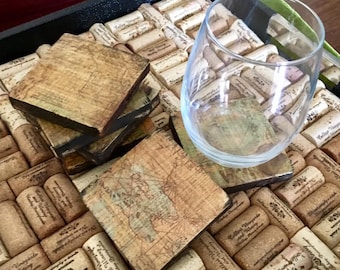 Vintage Map Coasters, Wooden Coasters, Set of 6